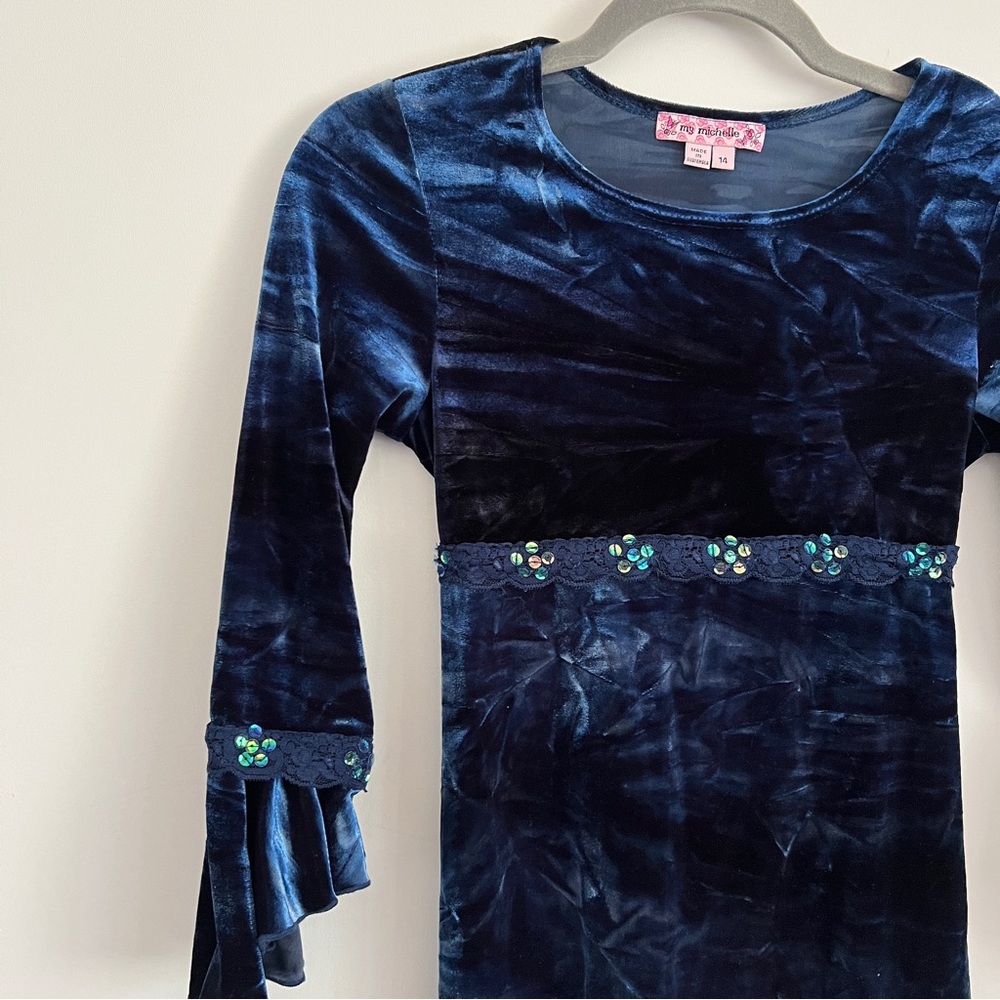Y2K Whimsy Goth Navy Blue Velvet Maxi Dress Bell Sleeve Girls Size 14 Witchy - Picture 5 of 10
